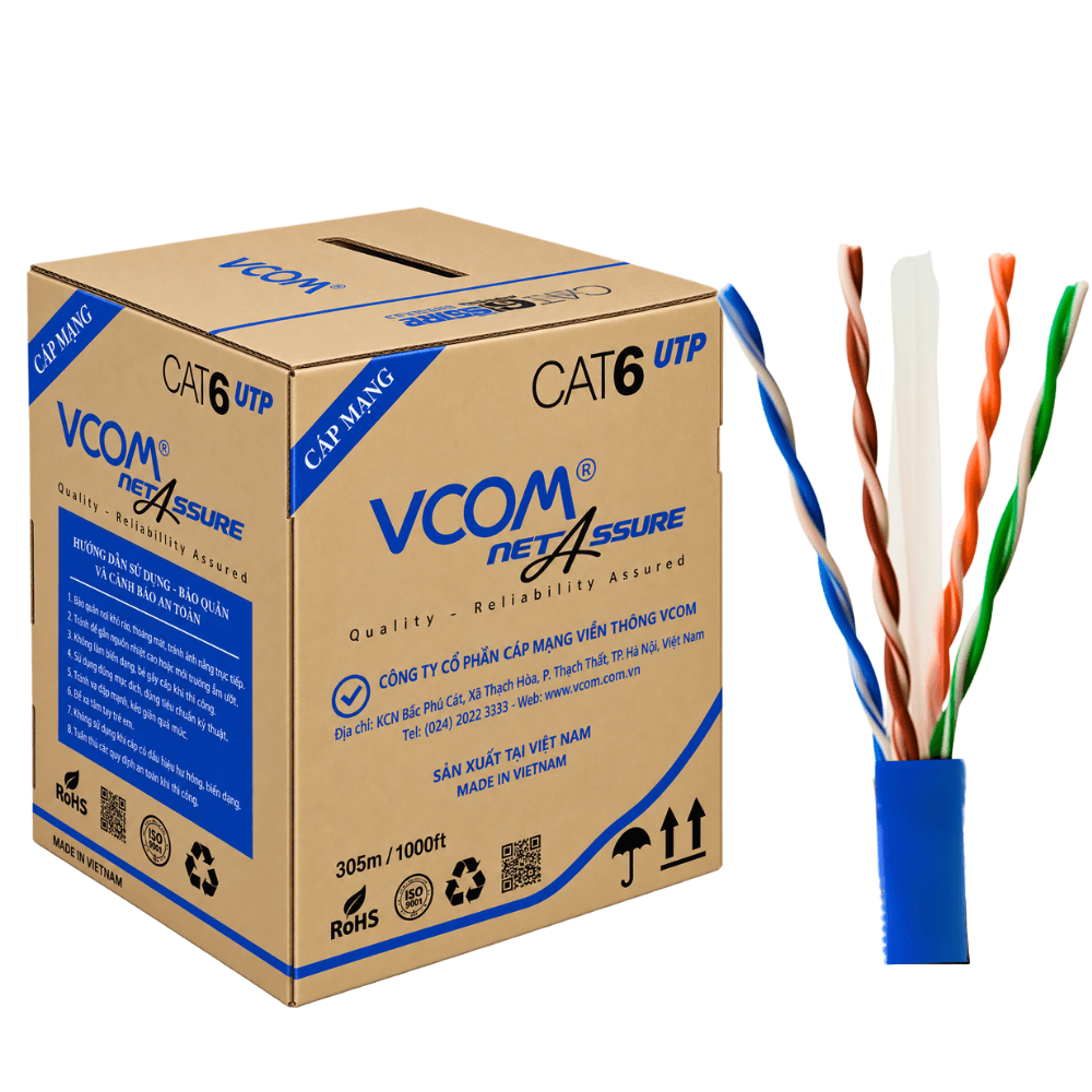 Cáp Mạng VCOM Cat6 UTP 24AWG PVC 305m Màu Xanh