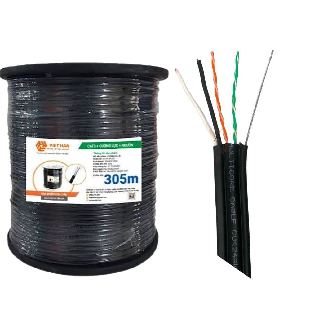 Cáp CAT3 Việt Hàn 25AWG Có Cường Lực + Nguồn 305m